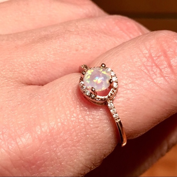 {Size 8} Round Fire Opal & CZ Rose Gold Ring - Picture 3 of 5
